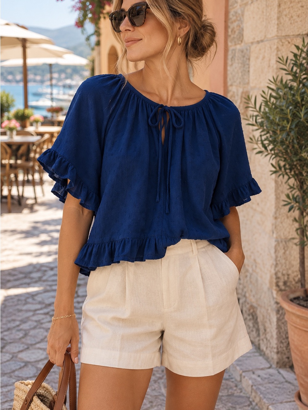 Farmer’s Market Women’s Navy Ruffle Tie-Neck Peasant Blouse